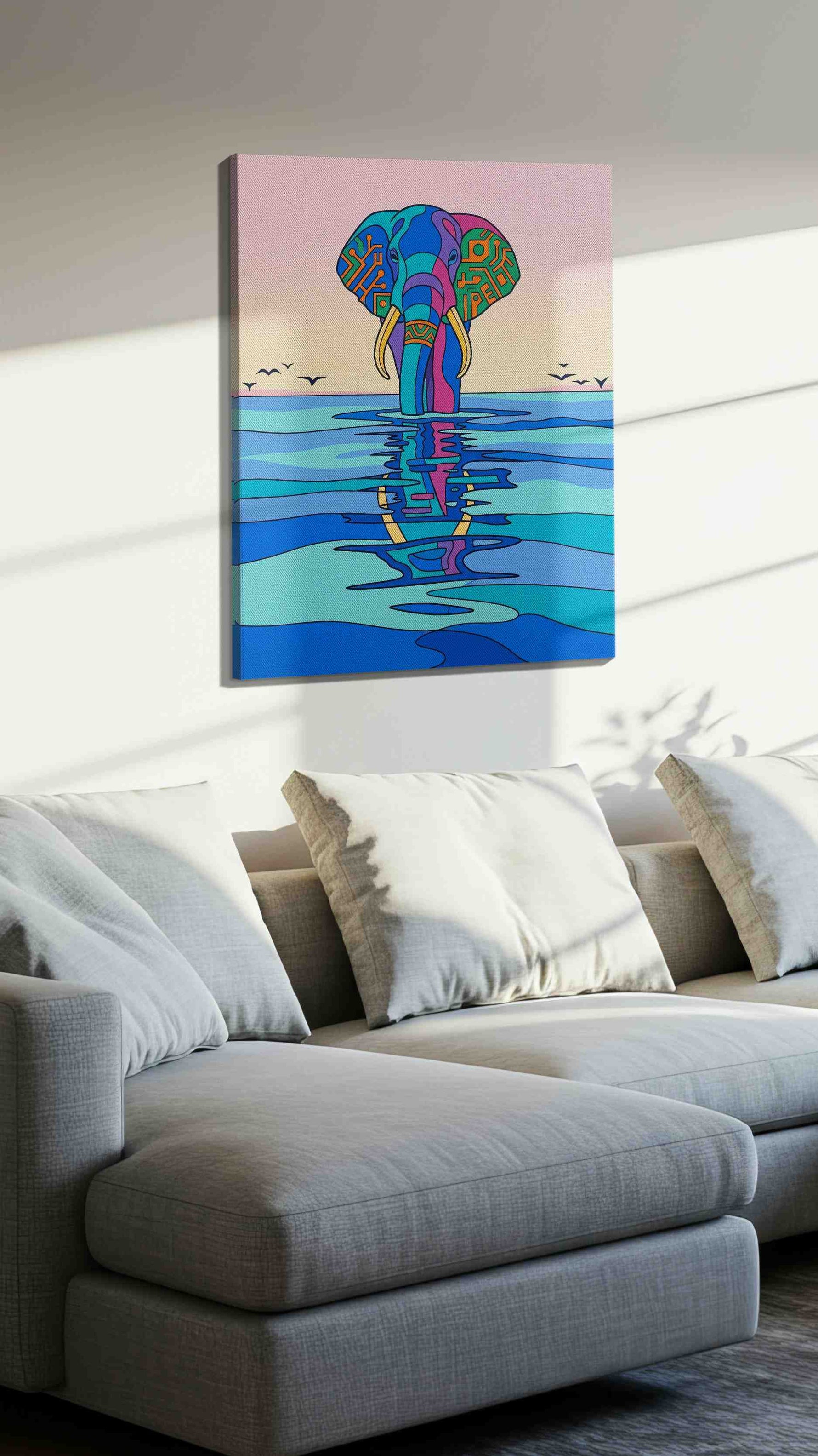 Elephant Echoes at Dusk animals canvas print, displayed in a living room