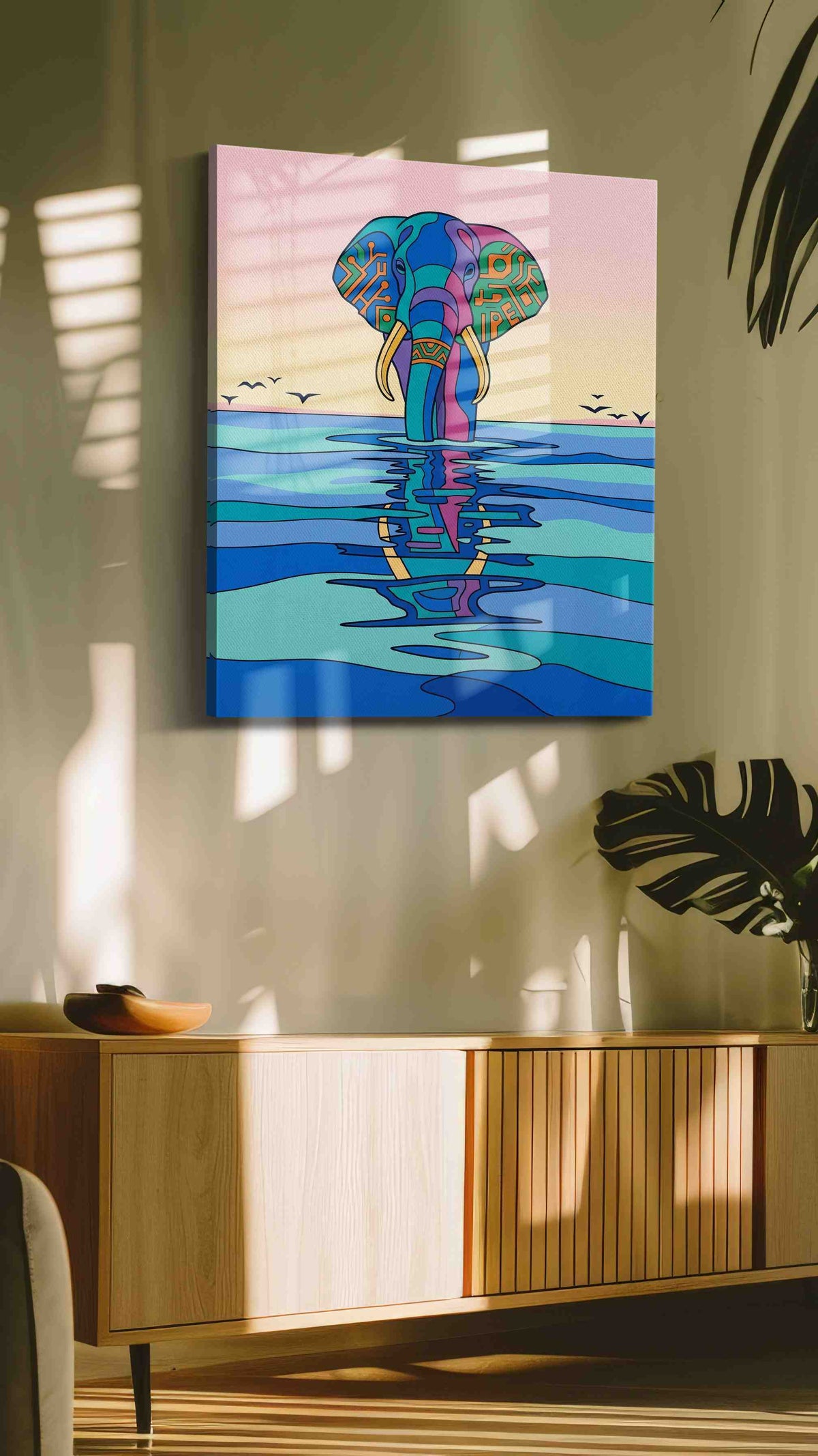Elephant Echoes at Dusk animals canvas print in a hung canvas mockup