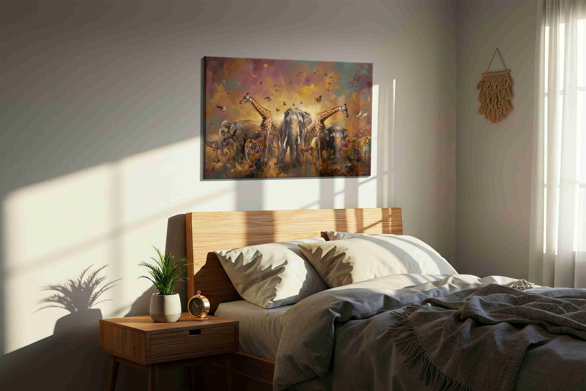 Majestic Savannah Symphony animals canvas print, displayed in a bedroom
