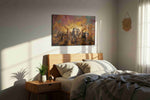 Majestic Savannah Symphony animals canvas print, displayed in a bedroom