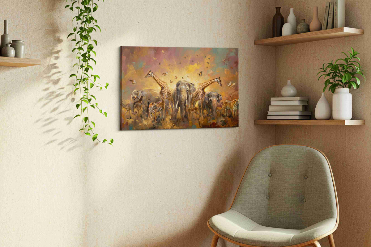 Majestic Savannah Symphony animals canvas print styled in a living room