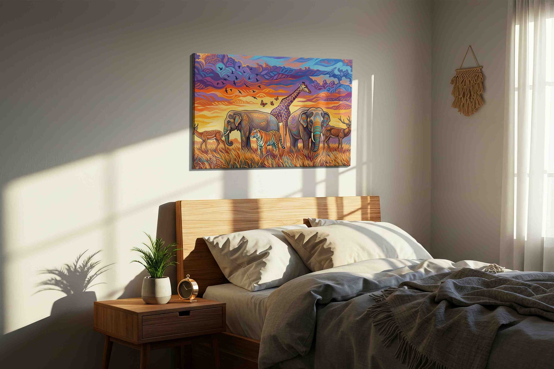 Serenade of the Savanna animals canvas print, displayed in a bedroom