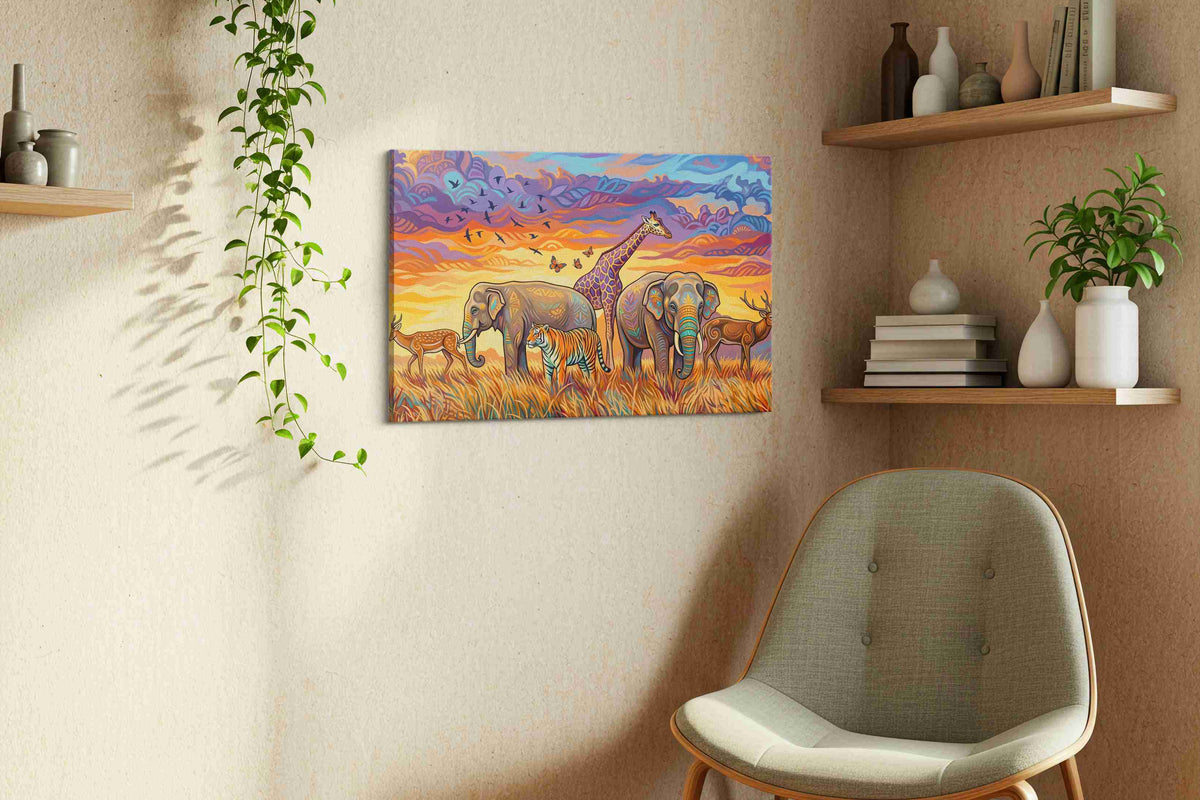 Serenade of the Savanna animals canvas print styled in a living room