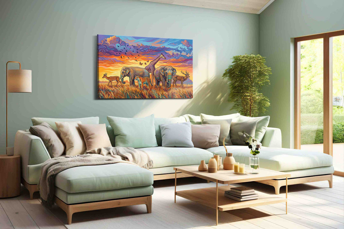 Serenade of the Savanna animals canvas print, hanging on wall