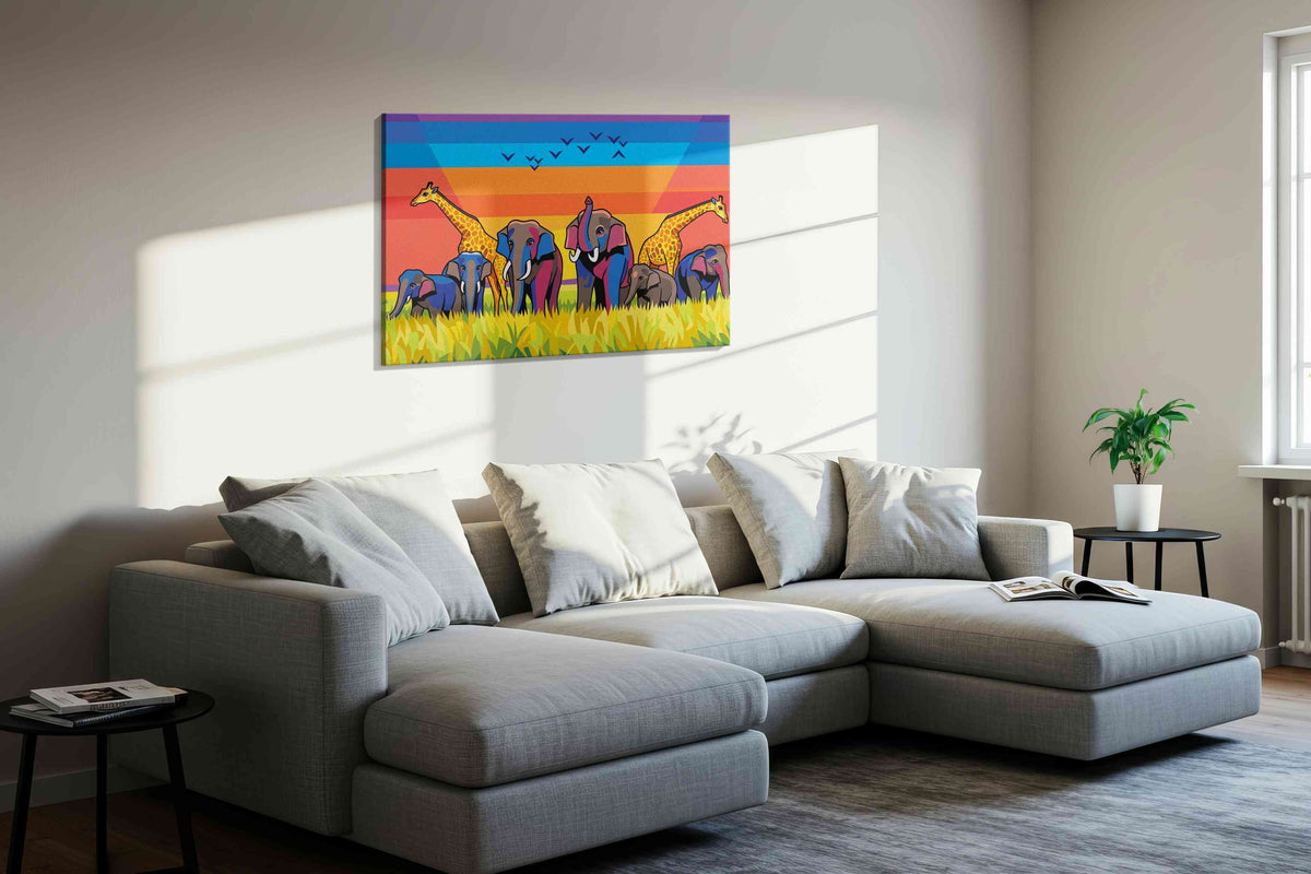 Serengeti Symphony animals canvas print, displayed in a living room