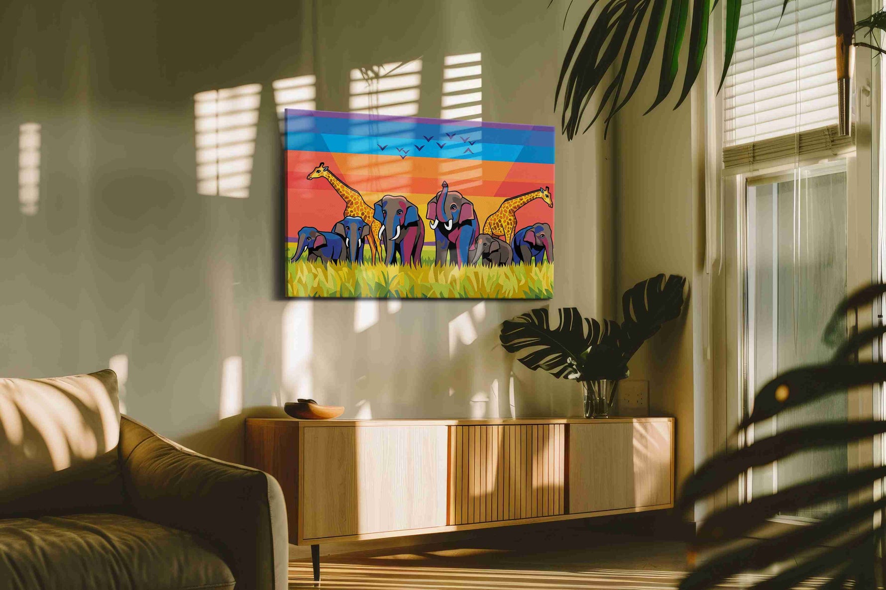 Serengeti Symphony animals canvas print, on wall, lifestyle preview