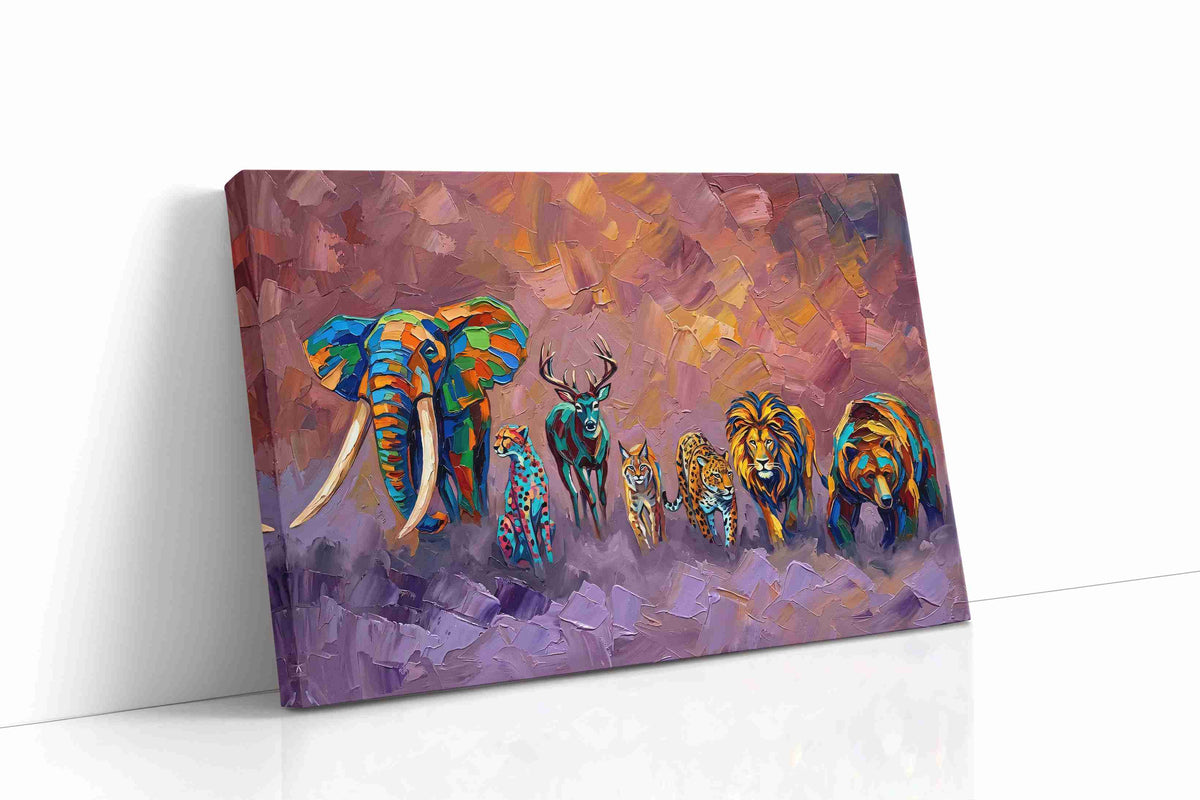 Vibrant Savannah Parade animals canvas print, gallery-wrapped, ready to hang