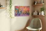 Vibrant Savannah Parade animals canvas print, displayed in a living room