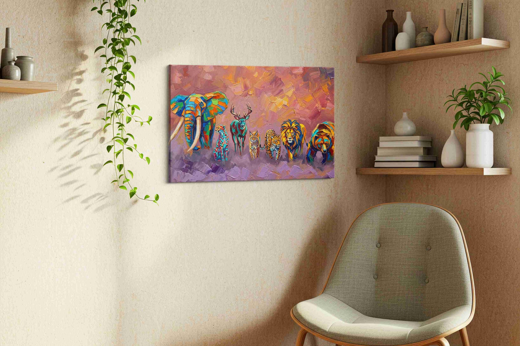 Vibrant Savannah Parade animals canvas print, displayed in a living room