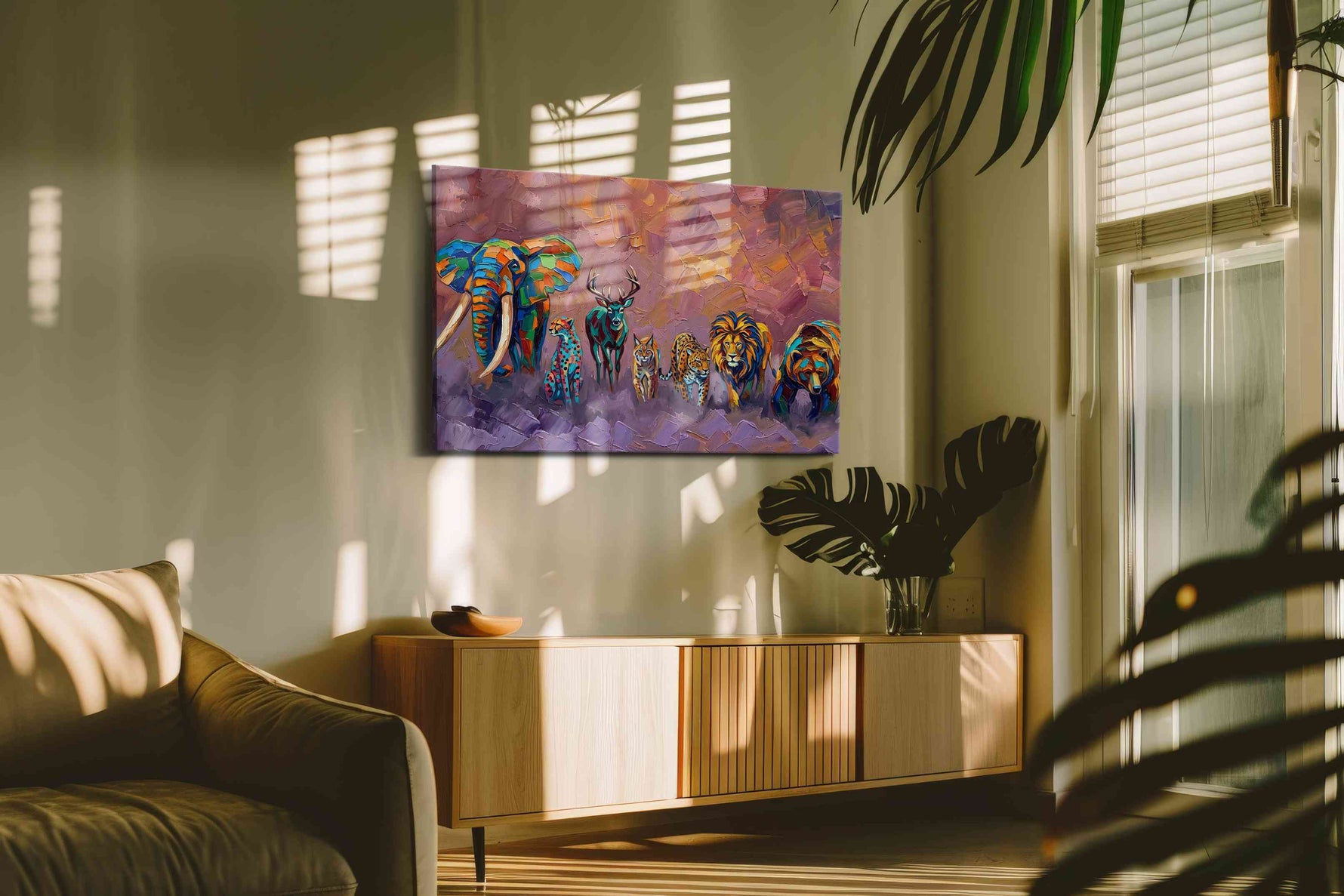 Vibrant Savannah Parade animals canvas print, on wall, lifestyle preview