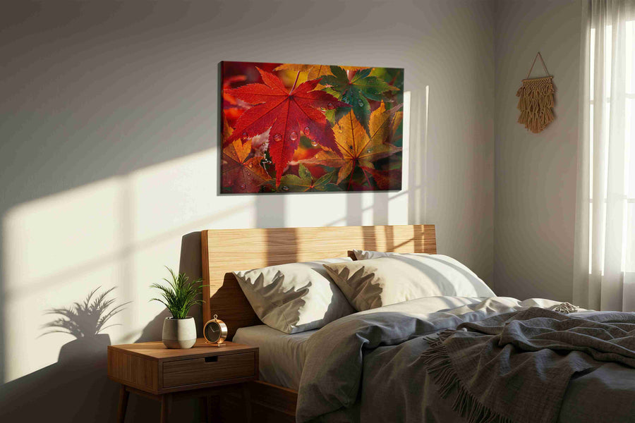 Autumn's Jewel Leaves leaves canvas print, displayed in a bedroom