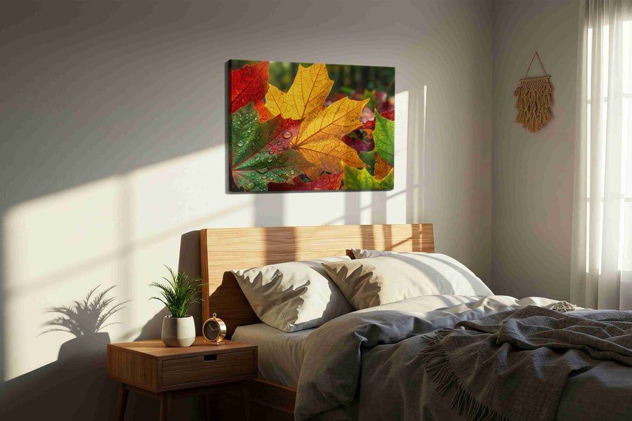 Whisper of Autumn's Palette leaves canvas print, displayed in a bedroom