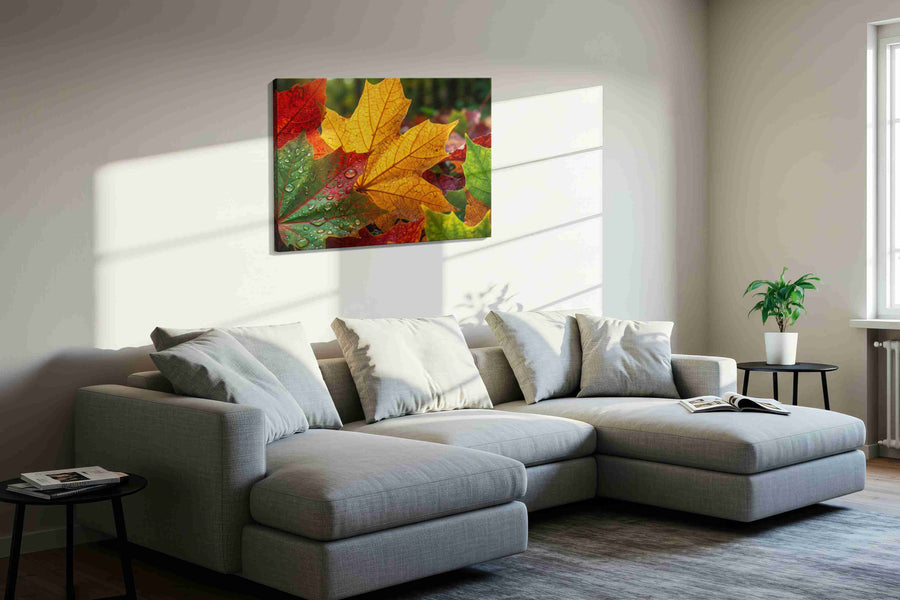 Whisper of Autumn's Palette leaves canvas print, displayed in a living room
