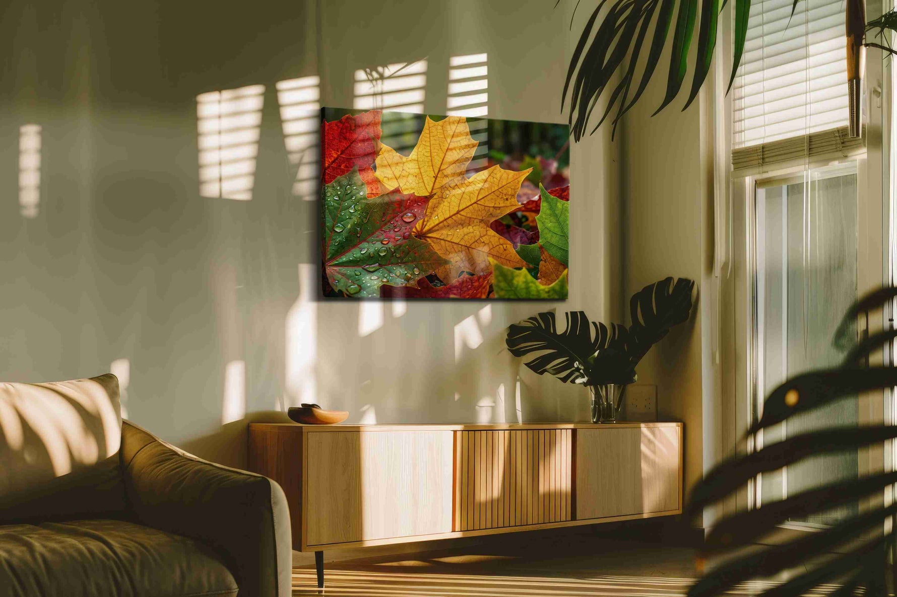 Whisper of Autumn's Palette leaves canvas print in a hung canvas mockup