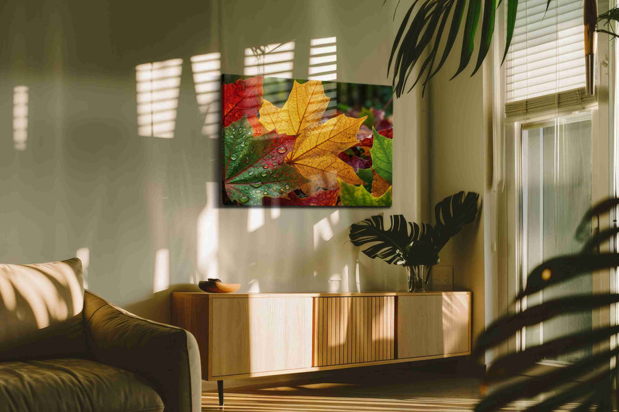 Whisper of Autumn's Palette leaves canvas print in a hung canvas mockup