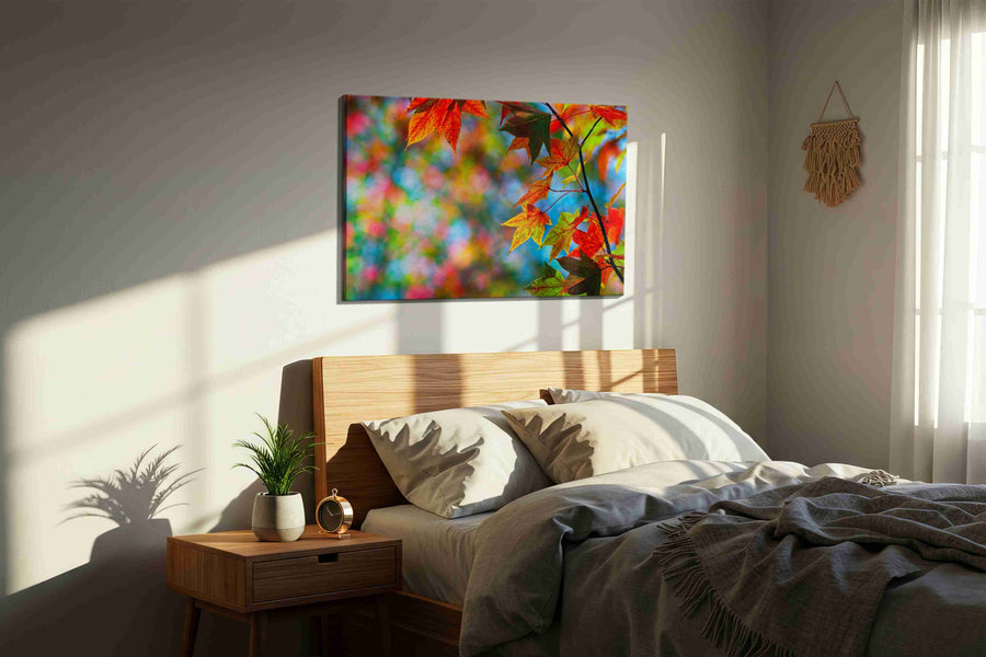 Whispers of Autumn Radiance leaves canvas print, displayed in a bedroom