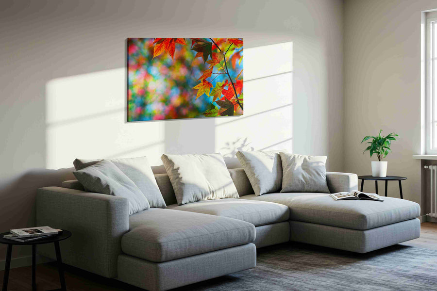 Whispers of Autumn Radiance leaves canvas print, displayed in a living room