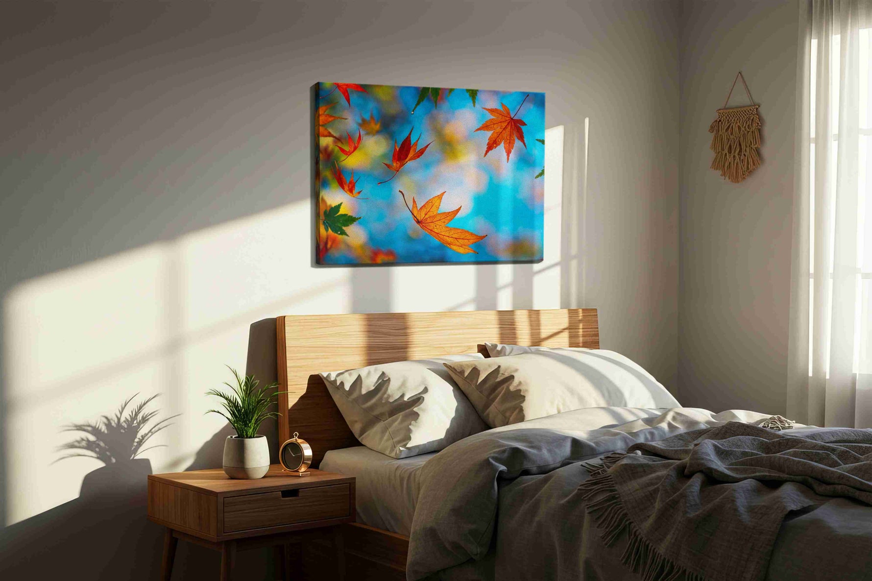 Whispers of Autumn Sky leaves canvas print, displayed in a bedroom