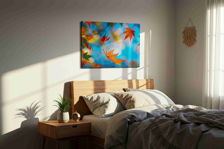 Whispers of Autumn Sky leaves canvas print, displayed in a bedroom