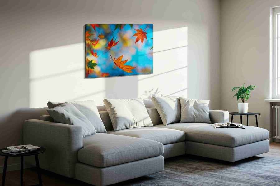 Whispers of Autumn Sky leaves canvas print in a living room scene