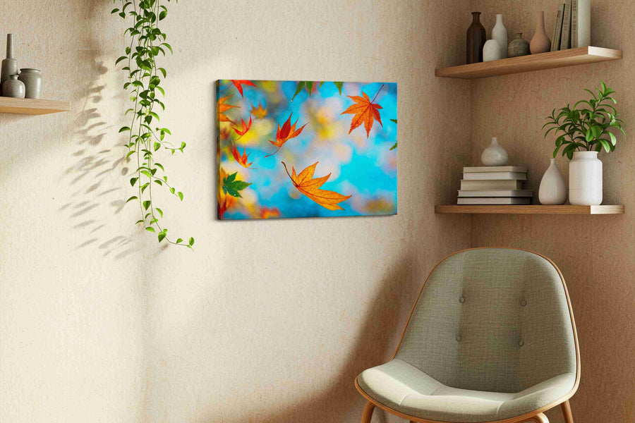 Whispers of Autumn Sky leaves canvas print, displayed in a living room
