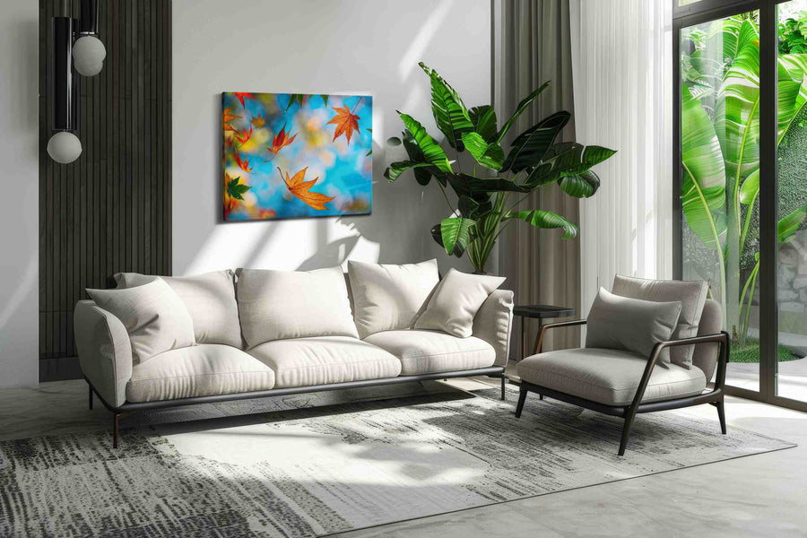 Whispers of Autumn Sky leaves canvas print in a modern interior mockup