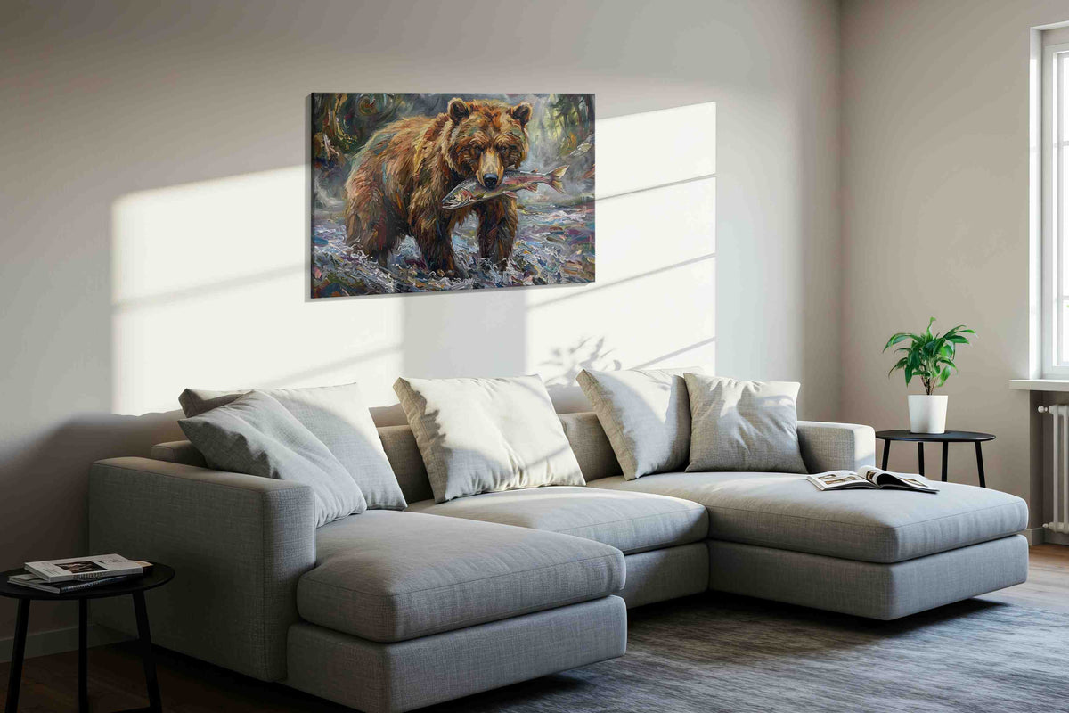 Salmon Harvest in the Wild bears canvas print, displayed in a living room