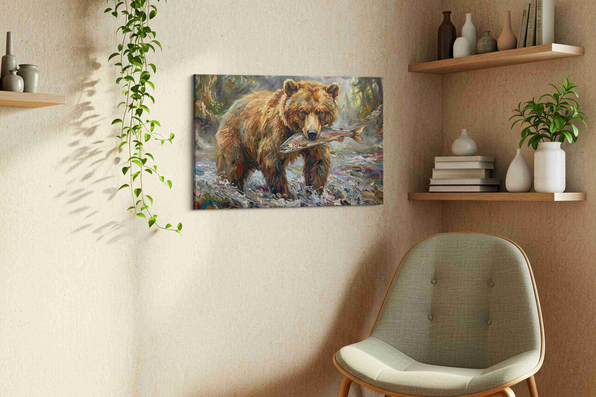 Salmon Harvest in the Wild bears canvas print styled in a living room