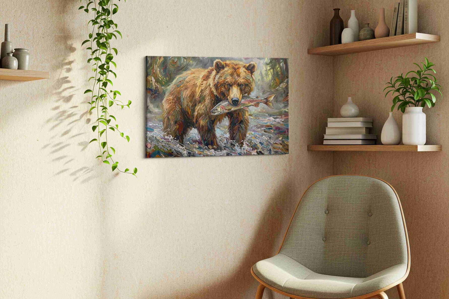 Salmon Harvest in the Wild bears canvas print styled in a living room