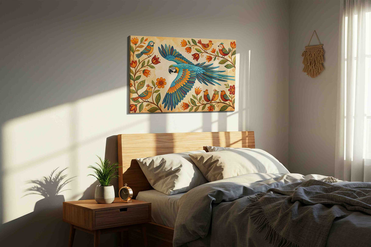 A Serenade of Wings and Blooms birds canvas print, displayed in a bedroom