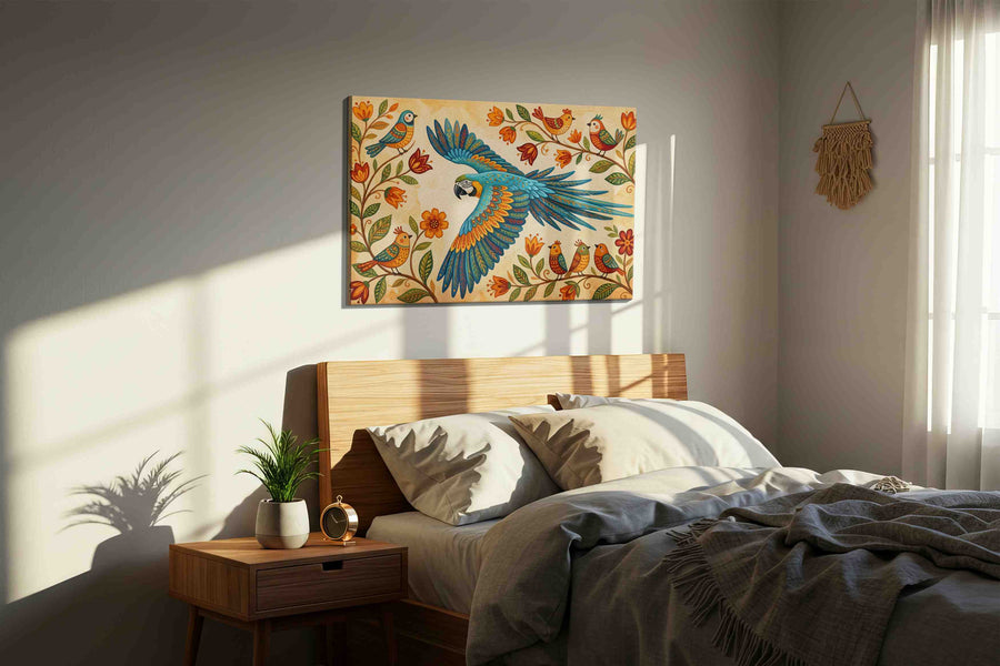 A Serenade of Wings and Blooms birds canvas print, displayed in a bedroom