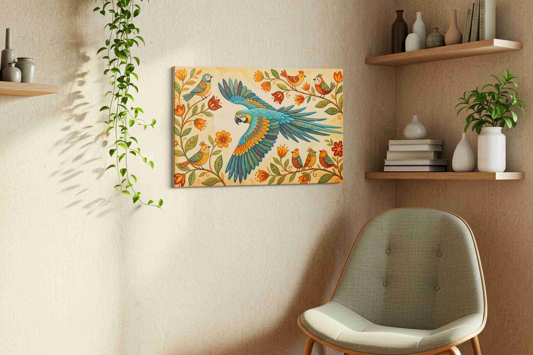 A Serenade of Wings and Blooms birds canvas print, hanging on wall — view 3
