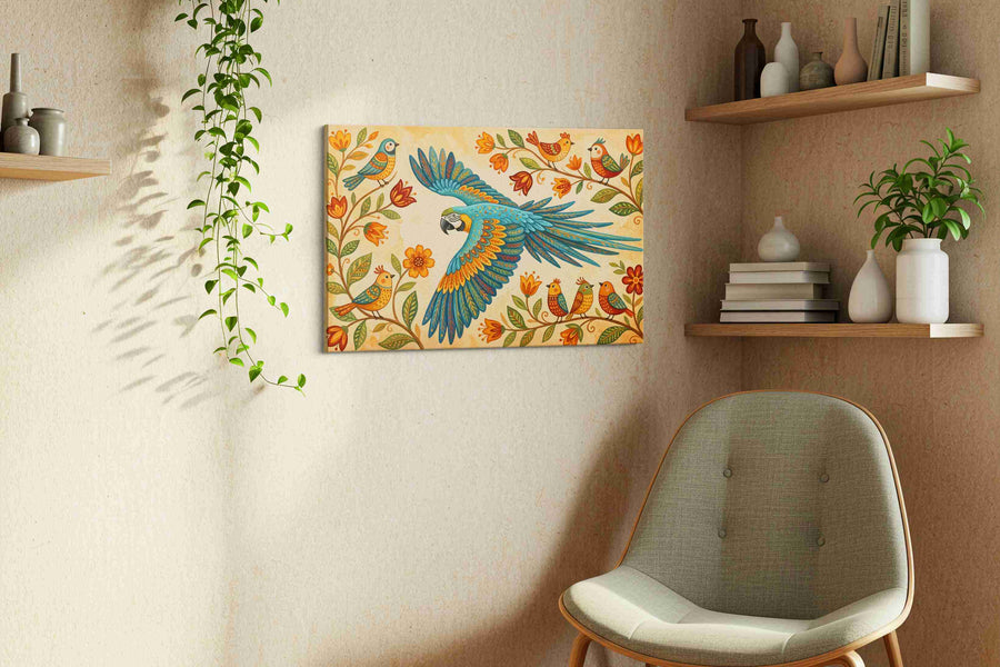 A Serenade of Wings and Blooms birds canvas print, hanging on wall — view 3