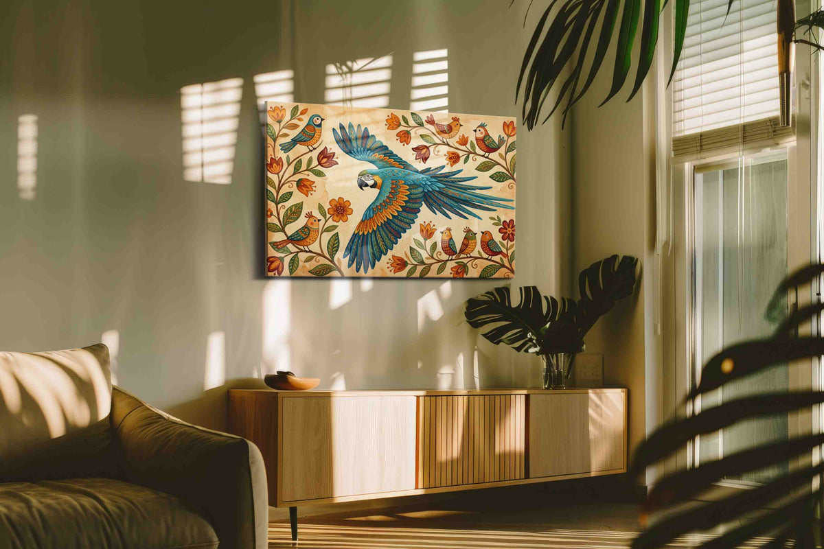 A Serenade of Wings and Blooms birds canvas print, hanging on wall