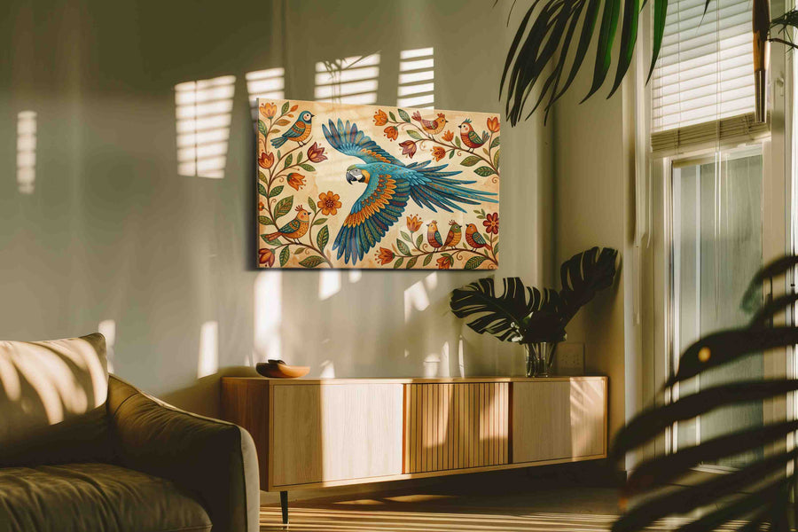 A Serenade of Wings and Blooms birds canvas print, hanging on wall