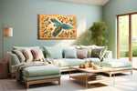 A Serenade of Wings and Blooms birds canvas print shown in a wall scene