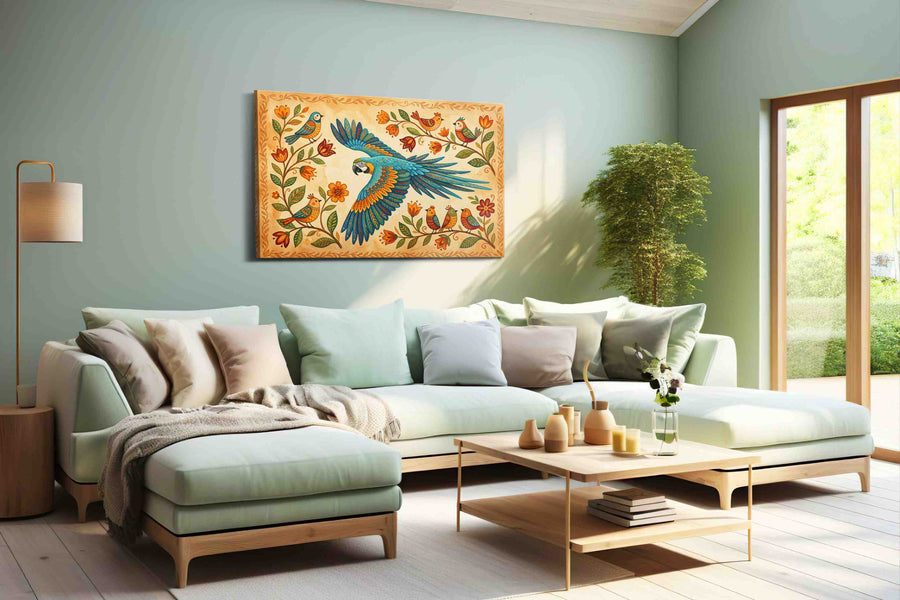 A Serenade of Wings and Blooms birds canvas print shown in a wall scene