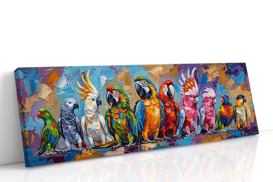 Chorus of Colorful Parrots birds canvas print gallery-wrapped landscape canvas studio shot