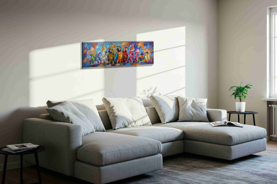 Chorus of Colorful Parrots birds canvas print styled in a living room
