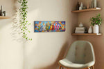 Chorus of Colorful Parrots birds canvas print, displayed in a living room
