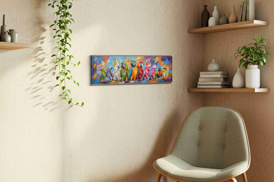 Chorus of Colorful Parrots birds canvas print, displayed in a living room