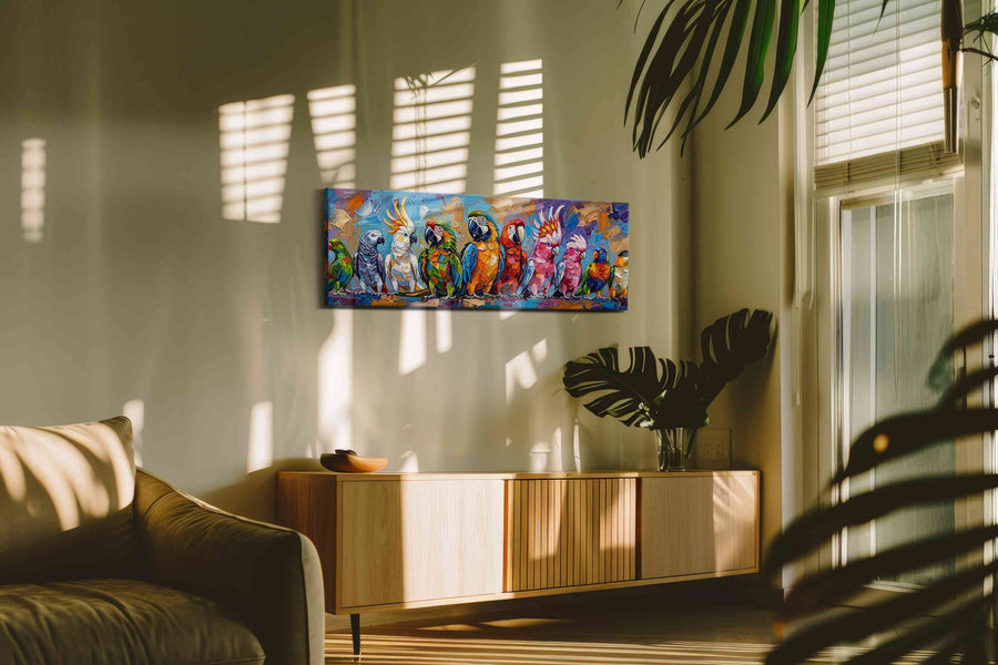 Chorus of Colorful Parrots birds canvas print, hanging on wall
