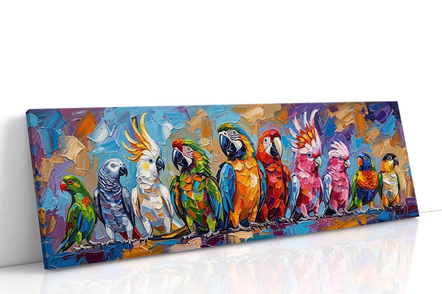 Chorus of Colorful Parrots birds canvas print, gallery-wrapped, ready to hang