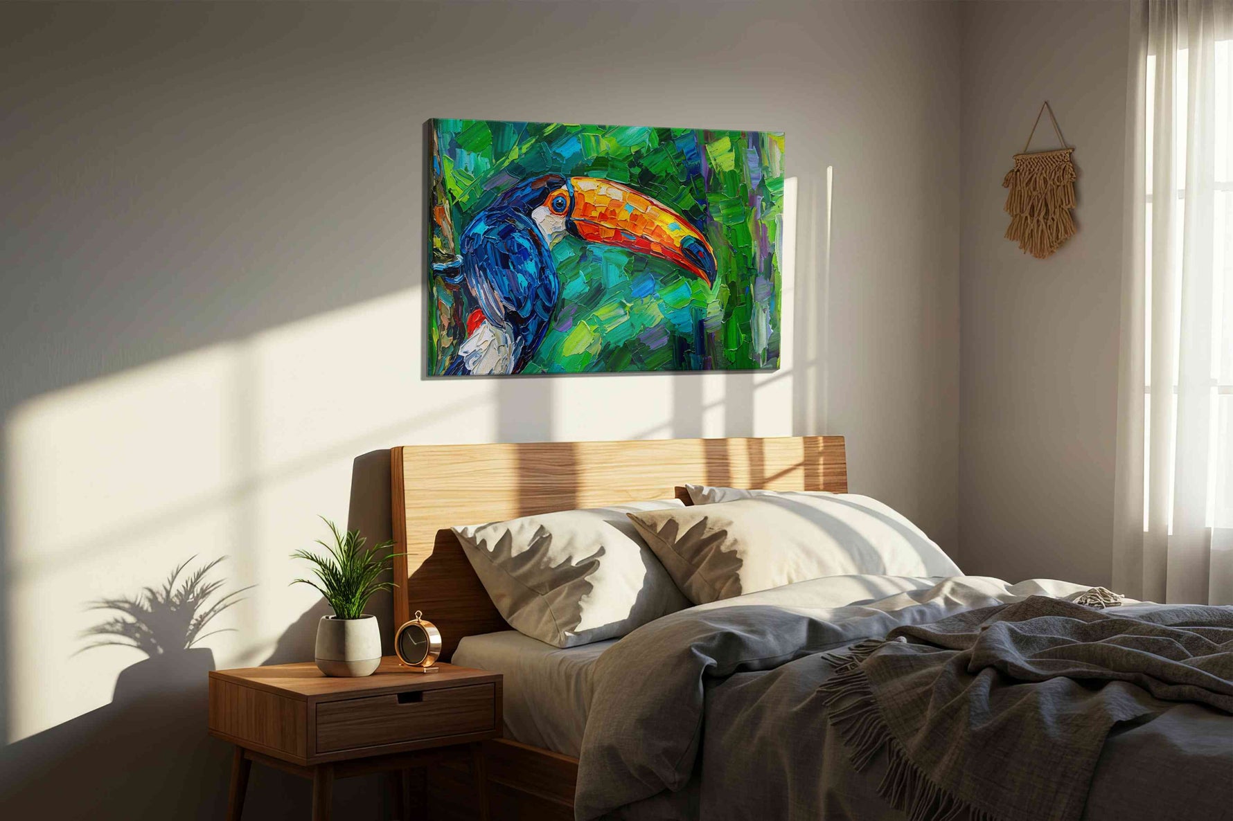 Jungle Symphony birds canvas print, displayed in a bedroom