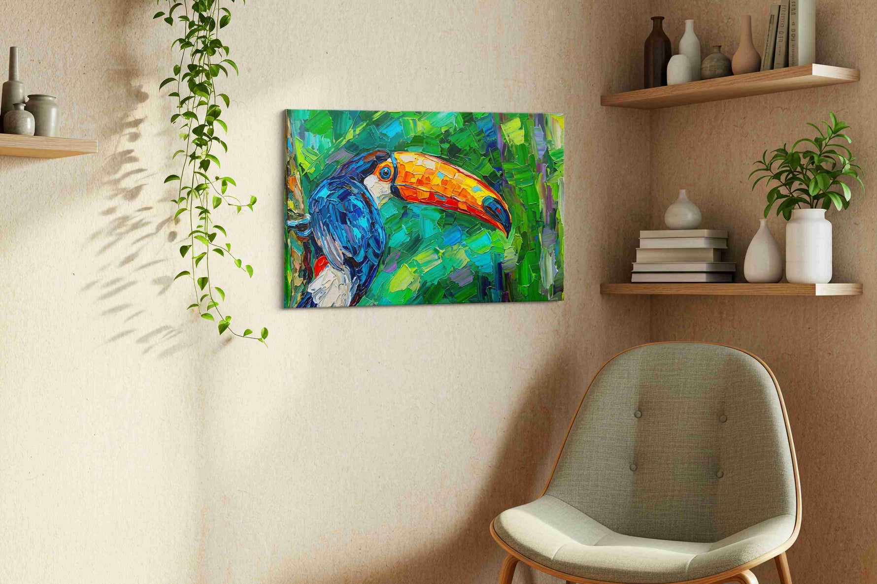 Jungle Symphony birds canvas print, displayed in a living room