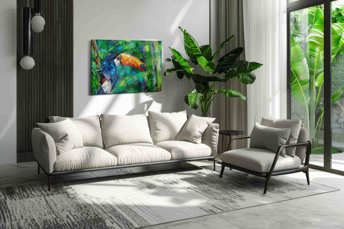 Jungle Symphony birds canvas print, on wall, lifestyle preview
