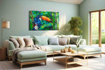 Jungle Symphony birds canvas print, hanging on wall