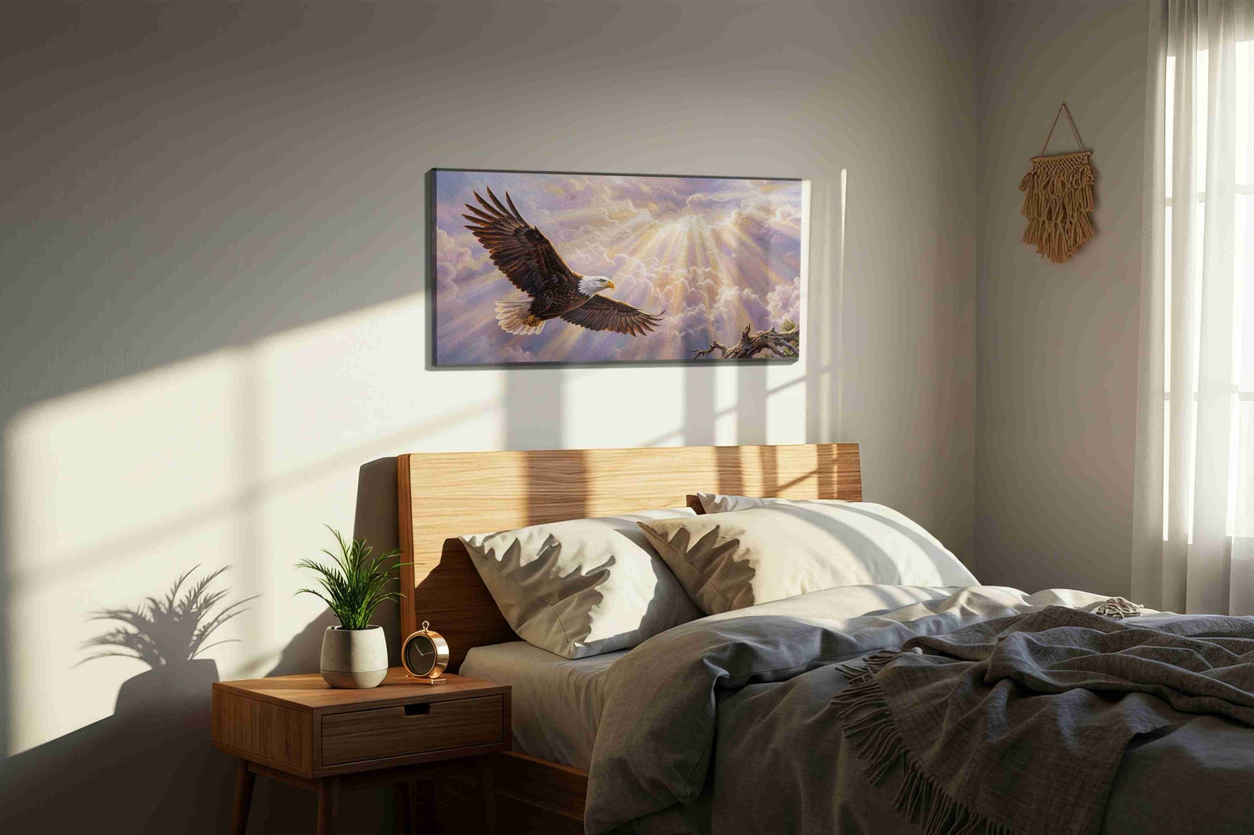 Soaring Through the Radiance birds canvas print, displayed in a bedroom