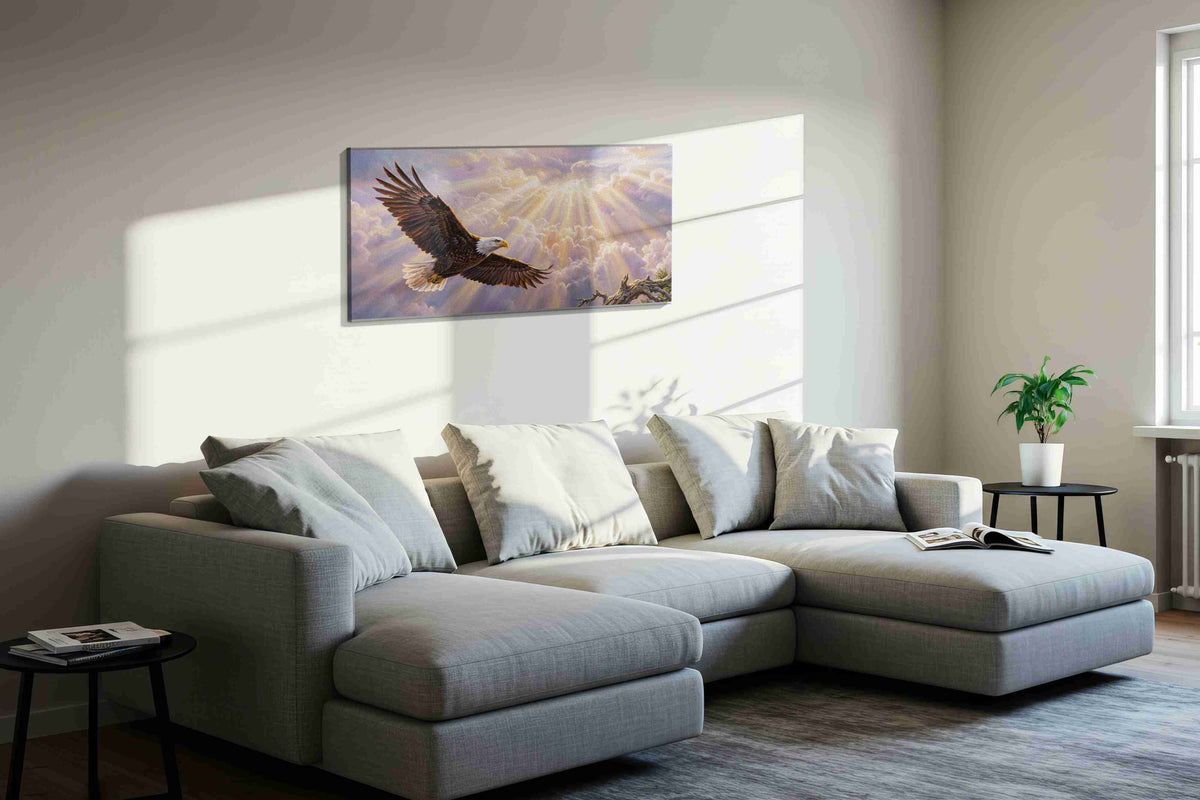 Soaring Through the Radiance birds canvas print, displayed in a living room