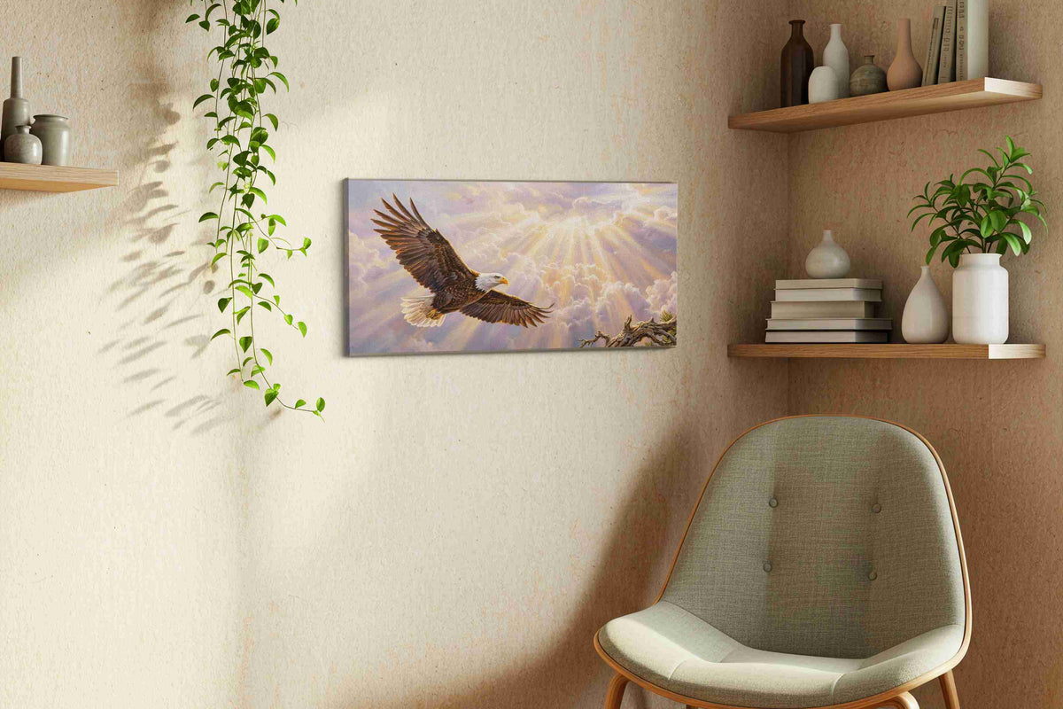 Soaring Through the Radiance birds canvas print, hanging on wall — view 2